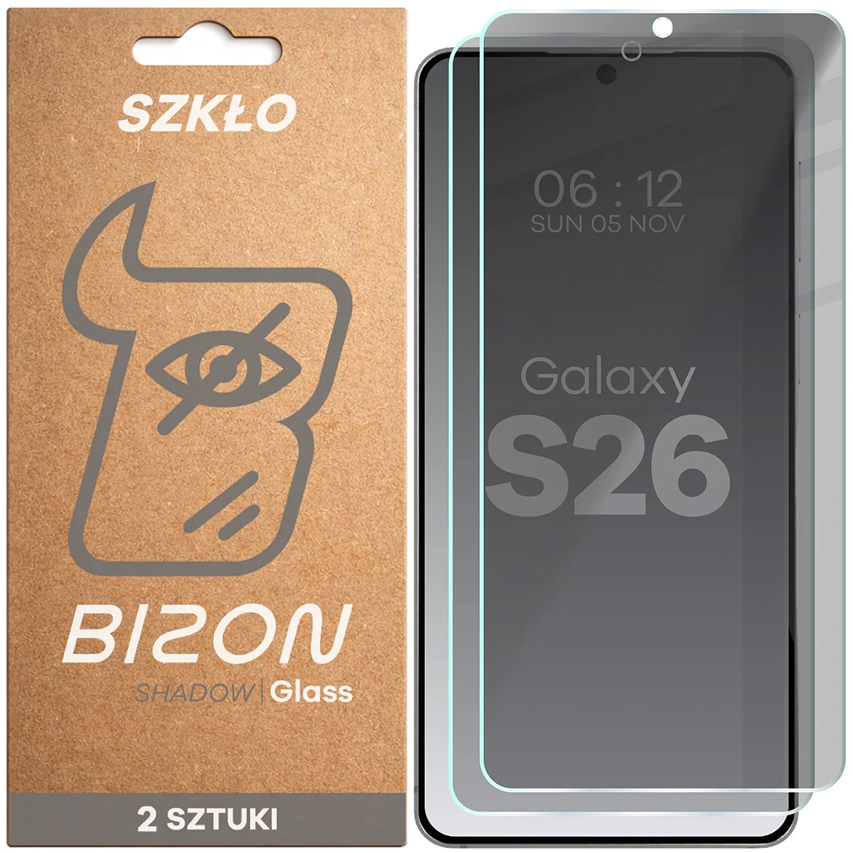 Gehärtetes Glas mit Privatschutzfilter für Galaxy S26, Bizon Glass Clear Shadow Duo, getönt, 2 Stück