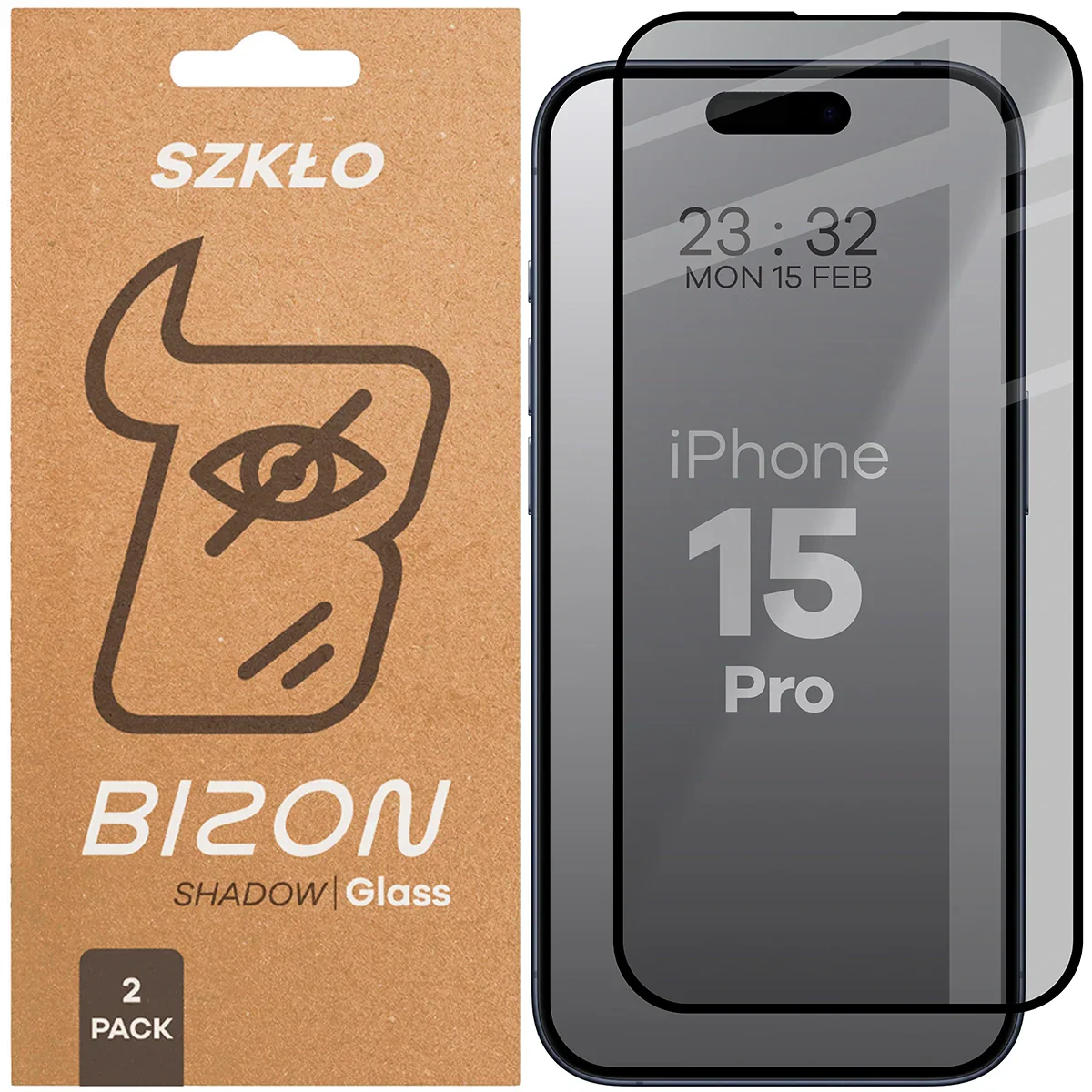 Gehärtetes Glas mit Privatschutzfilter für iPhone 15 Pro, Bizon Glass Edge Shadow Duo, getönt mit schwarzer Rahmen, 2 Stück