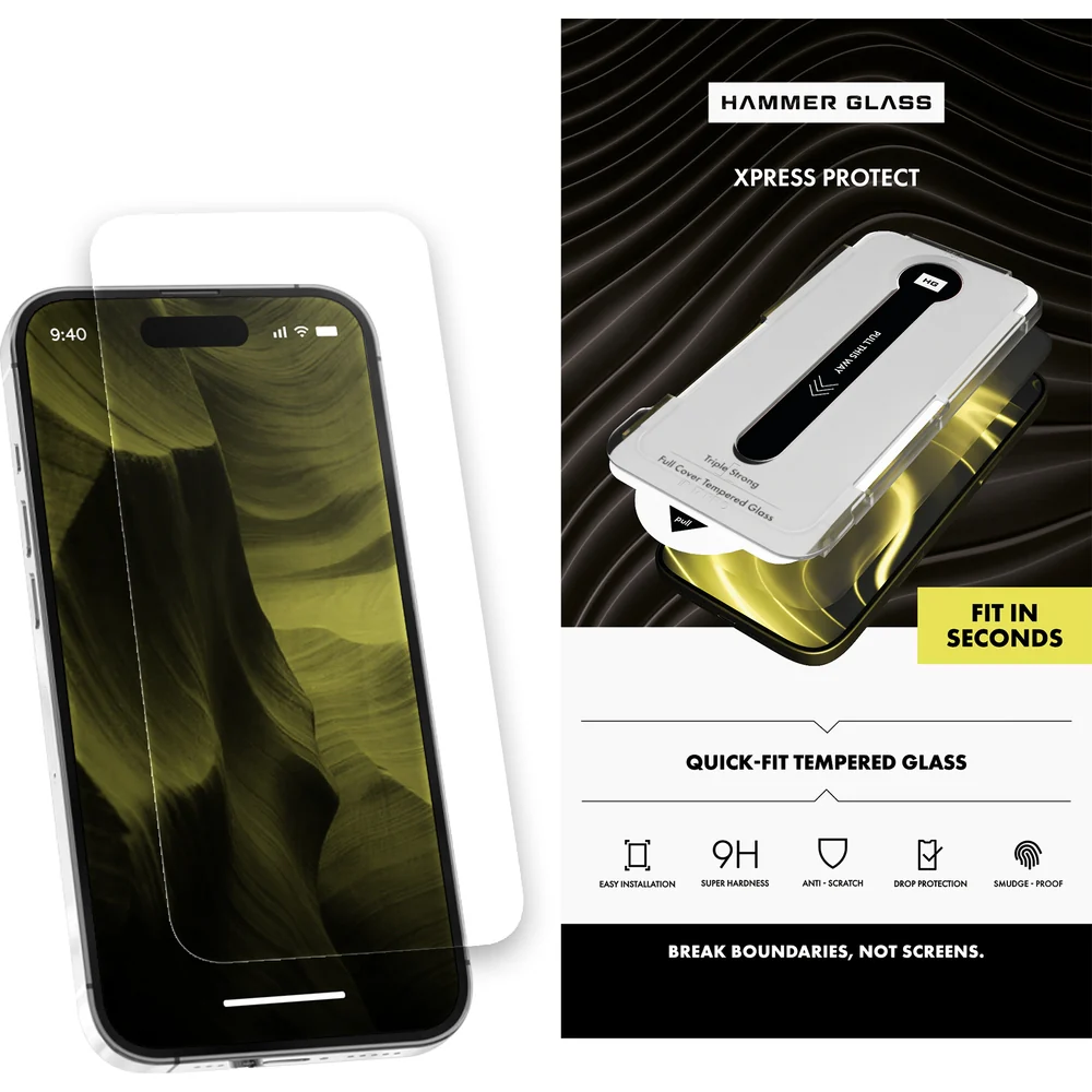 Gehärtetes Glas mit Applikator für iPhone 16 Pro Max, Hammer Glass XPress Protect
