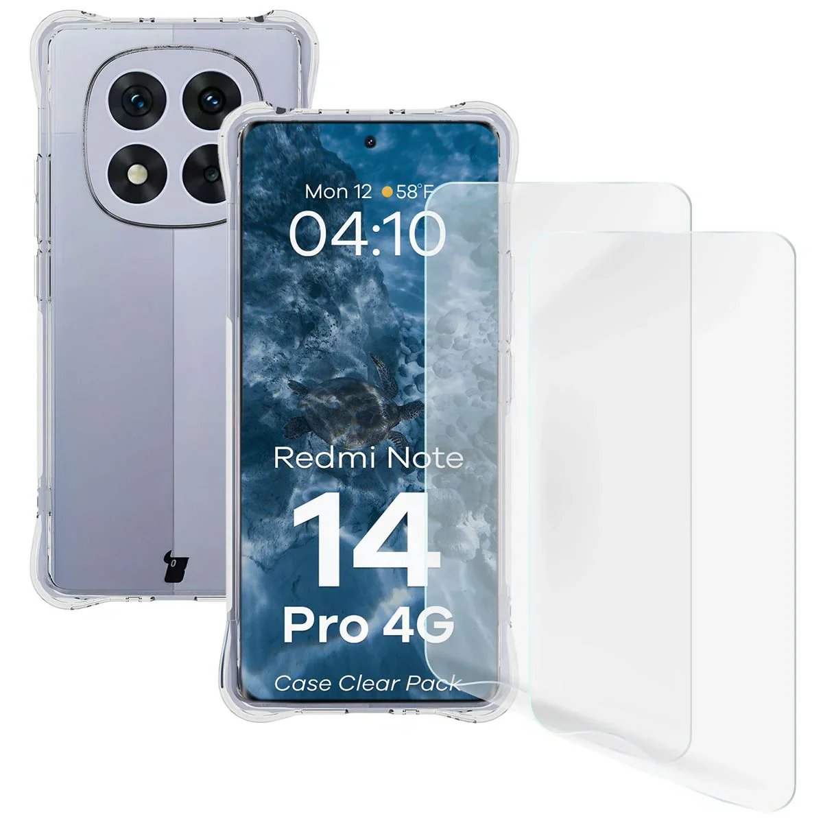 Handyhülle + 2x Folie für Xiaomi Redmi Note 14 Pro 4G, Bizon Case Clear Pack, Transparent