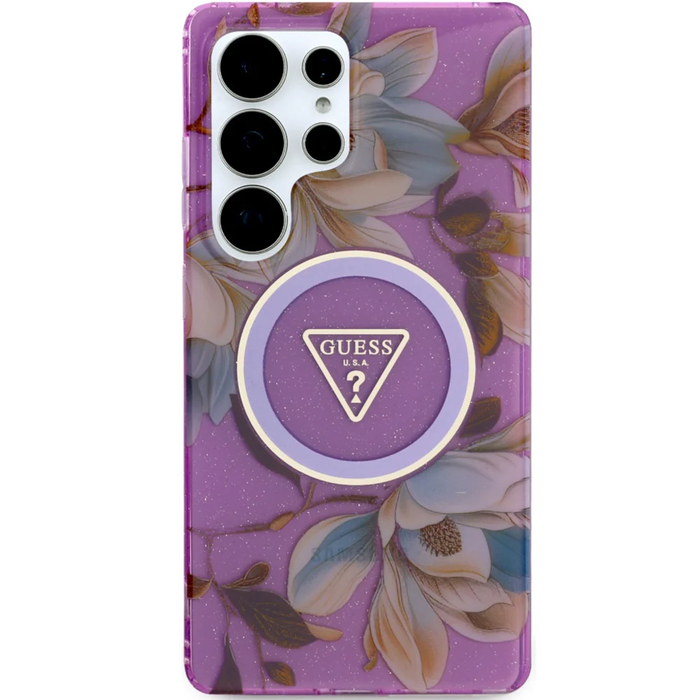 Handyhülle für Galaxy S25 Ultra, Guess Glitter Flowers Triangle Buttons mit MagSafe, Violett - Image 3
