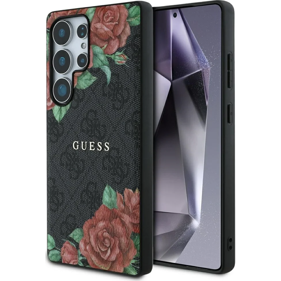 Handyhülle für Galaxy S25 Ultra Guess Hardcase 4G Leather Flower Print Metal Logo MagSafe, Schwarz