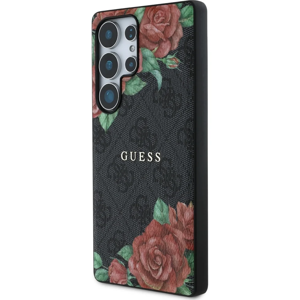 Handyhülle für Galaxy S25 Ultra Guess Hardcase 4G Leather Flower Print Metal Logo MagSafe, Schwarz - Image 2