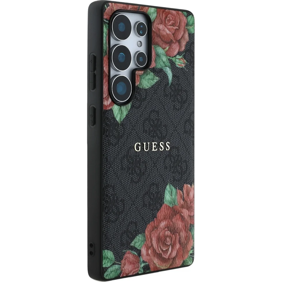 Handyhülle für Galaxy S25 Ultra Guess Hardcase 4G Leather Flower Print Metal Logo MagSafe, Schwarz - Image 4
