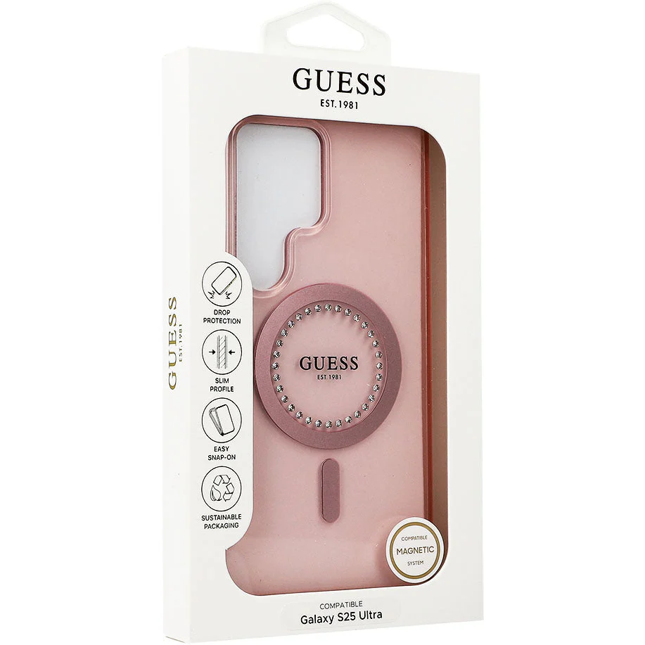Handyhülle für Galaxy S25 Ultra, Guess Rhinestones Printed Classic Logo mit MagSafe, Rosa - Image 9