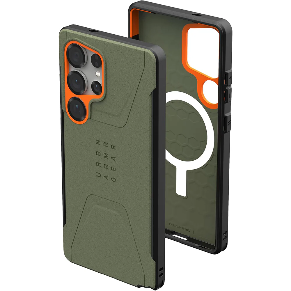 Handyhülle für Galaxy S25 Ultra, Urban Armor Gear Civilian Magnet, Grün mit Orange