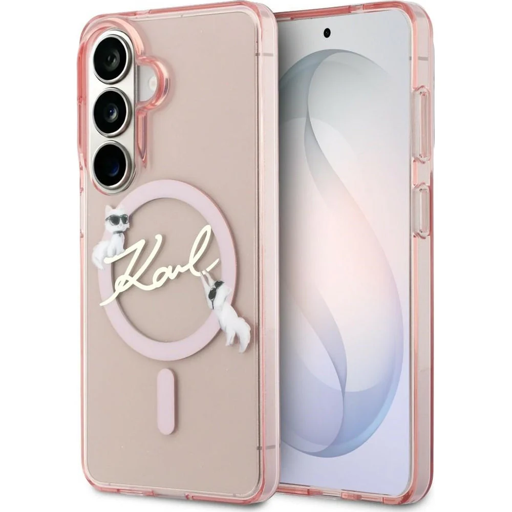 Handyhülle für Galaxy S26, Karl Lagerfeld IML Print MagSafe, Transparent pink mit Choupette