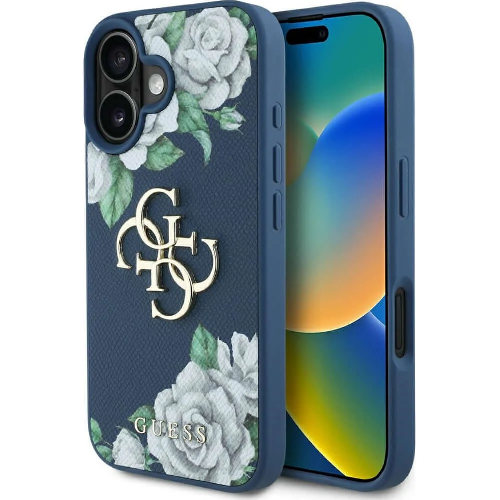 Handyhülle für iPhone 16, Guess Grained Roses Big 4G, Blau mit floralem Muster