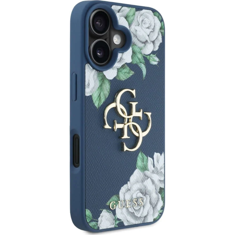 Handyhülle für iPhone 16, Guess Grained Roses Big 4G, Blau mit floralem Muster - Image 3