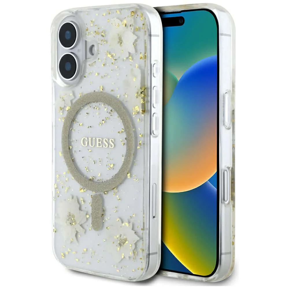 Handyhülle für iPhone 16, Guess Resin Flowers Glitter MagSafe, Beige gemustert