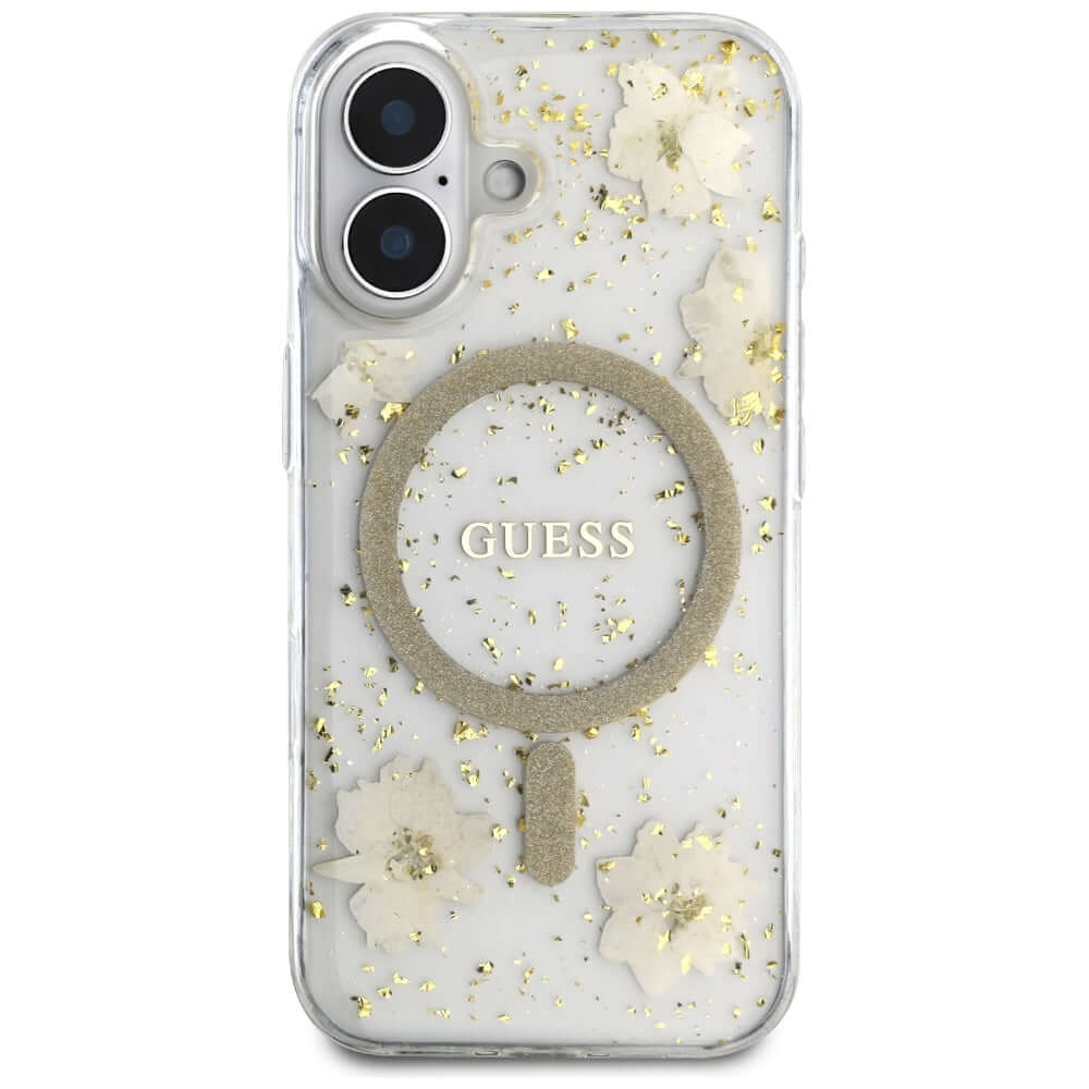 Handyhülle für iPhone 16, Guess Resin Flowers Glitter MagSafe, Beige gemustert - Image 2
