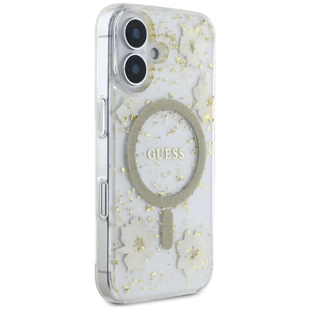Handyhülle für iPhone 16, Guess Resin Flowers Glitter MagSafe, Beige gemustert - Image 3
