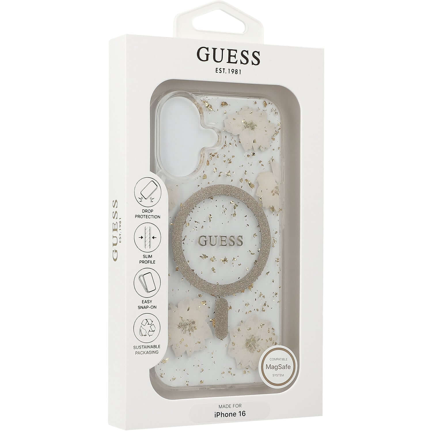 Handyhülle für iPhone 16, Guess Resin Flowers Glitter MagSafe, Beige gemustert - Image 8