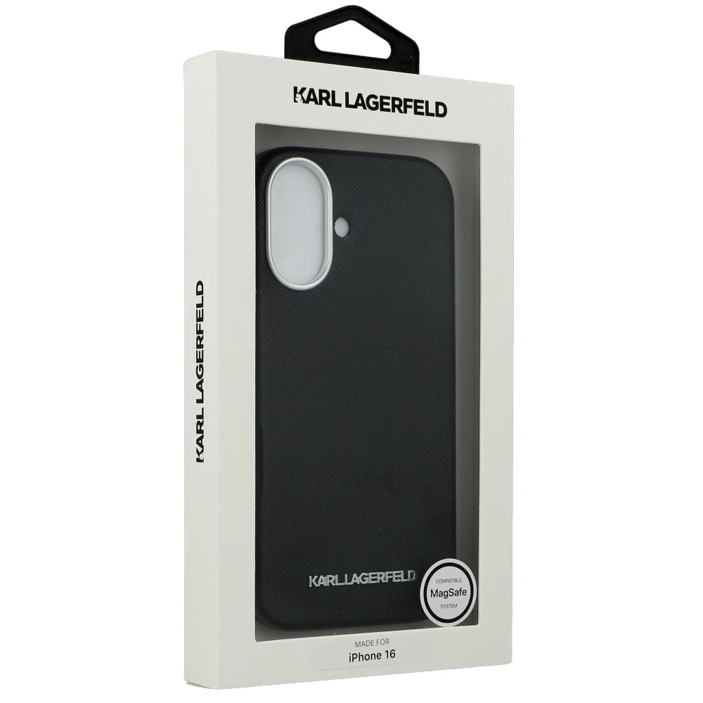Handyhülle für iPhone 16, Karl Lagerfeld HardCase Saffiano Full Wrapped Elongated Metal Logo MagSafe, Schwarz - Image 2