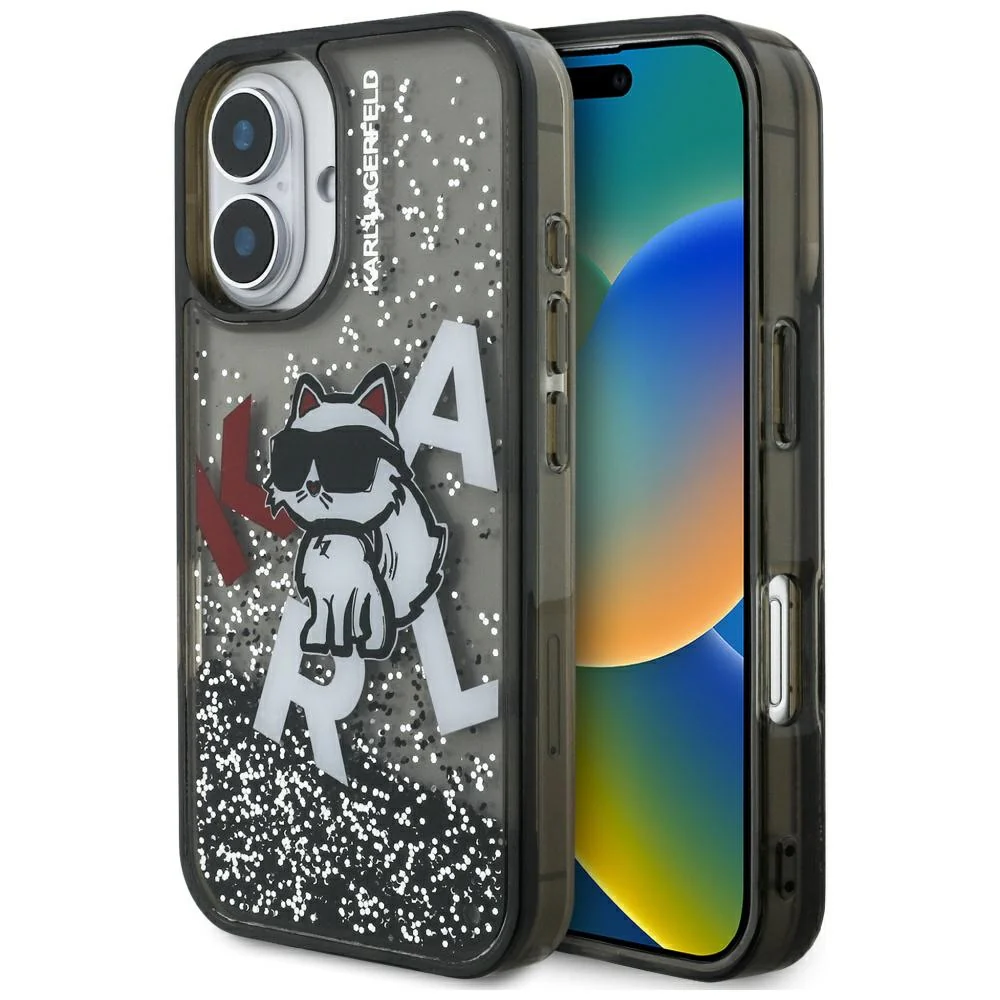 Handyhülle für iPhone 16, Karl Lagerfeld Liquid Glitter Choupette, Schwarz