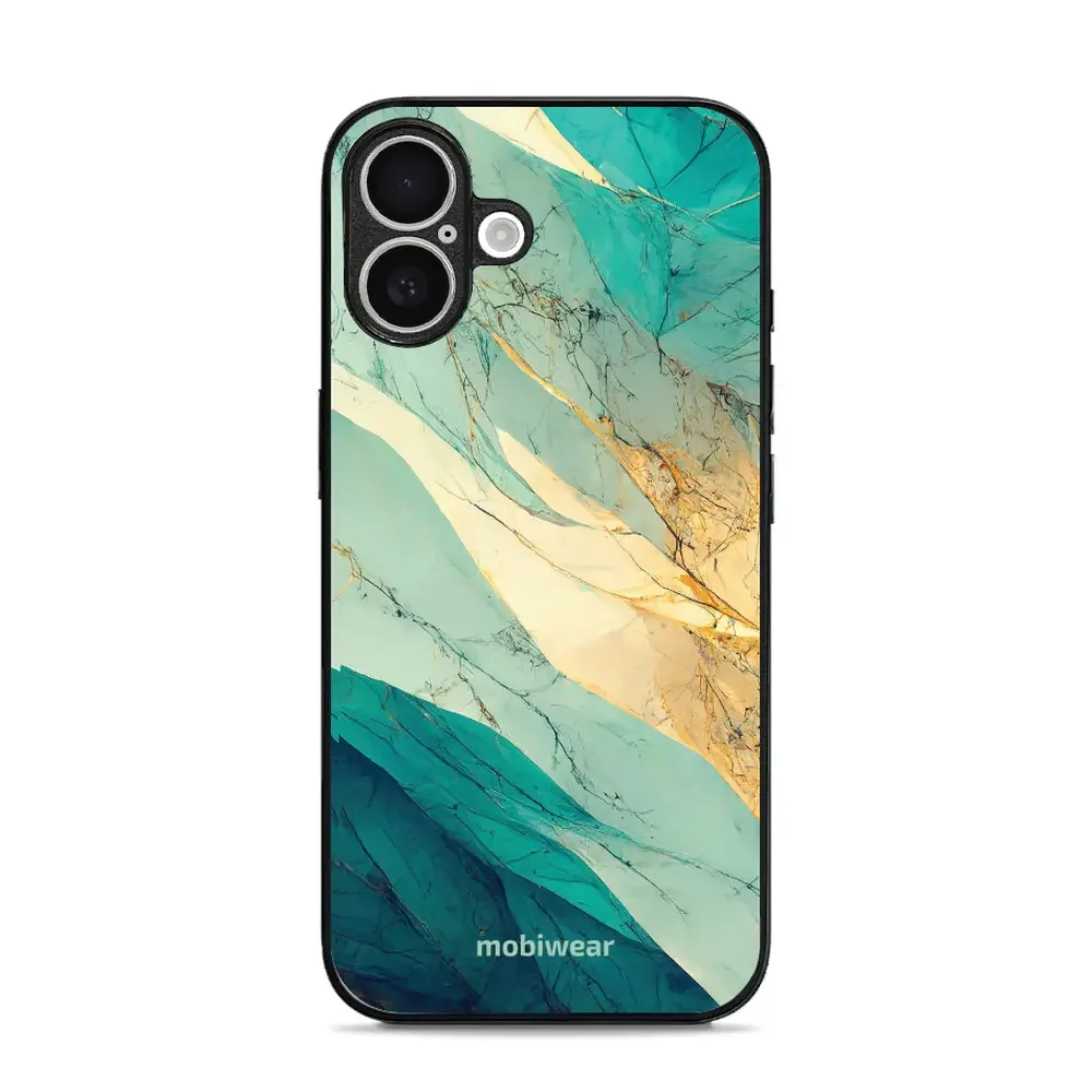 Handyhülle für iPhone 16, Mobiwear Glossy Case, Türkis-Marmor