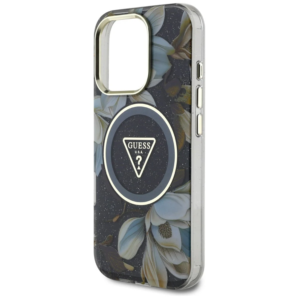 Handyhülle für iPhone 16 Pro, Glitter Flowers Triangle Buttons mit MagSafe, Schwarz mit floralem Muster - Image 6