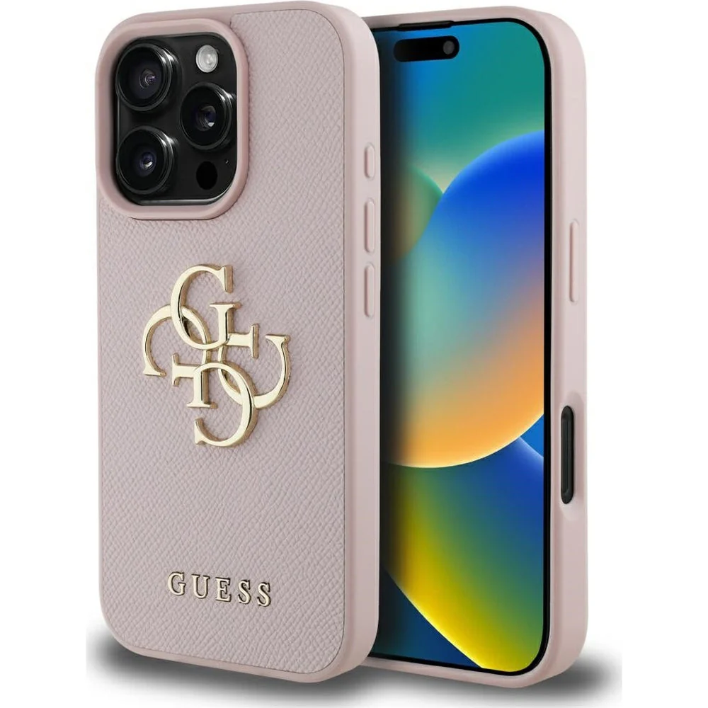 Handyhülle für iPhone 16 Pro, Guess Grained Big 4G Small Classic Logo, Rosa