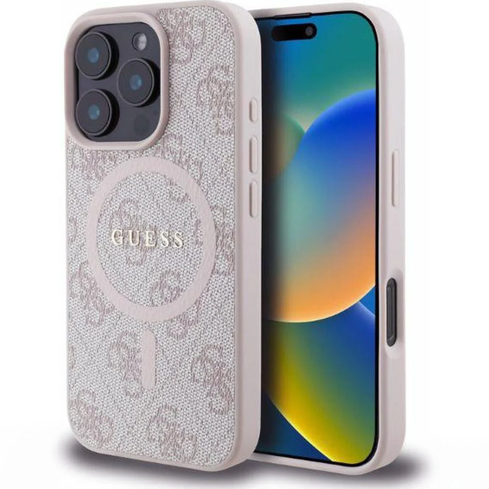 Handyhülle für iPhone 16 Pro, Guess Hardcase 4G Ring Classic Logo MagSafe, Rosa