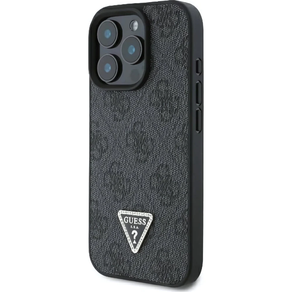 Handyhülle für iPhone 16 Pro, Guess HardCase Leather 4G Triangle Strass, Schwarz - Image 4