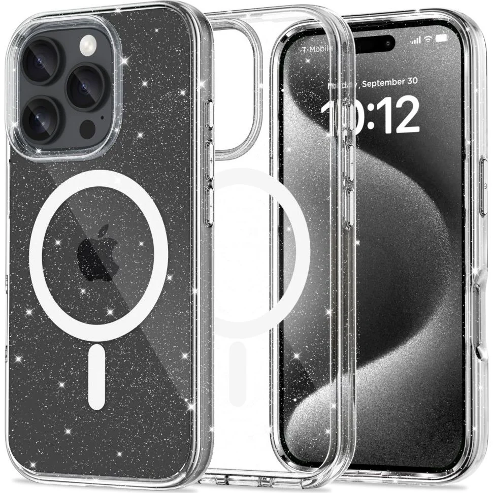 Handyhülle für iPhone 16 Pro Max, Tech-Protect Flexair Hybrid mit MagSafe, Transparent mit Glitzer