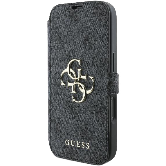 Handyhülle für iPhone 16 Pro mit Standfunktion und Klappdeckel Guess 4G Metal Logo, Schwarz mit Goldenen Elementen - Image 5
