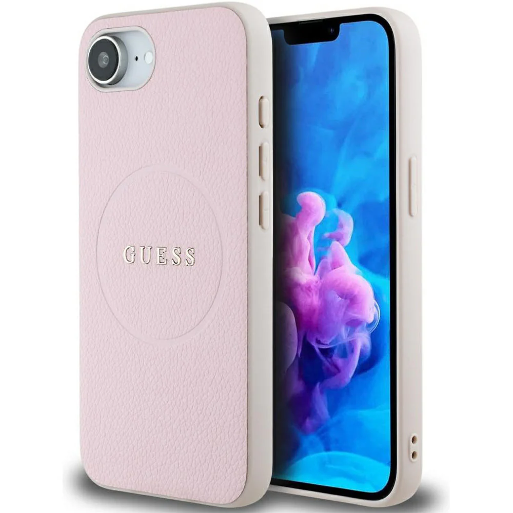 Handyhülle für iPhone 17e / 16e, Guess Hardcase Grained Ring mit MagSafe, Rosa
