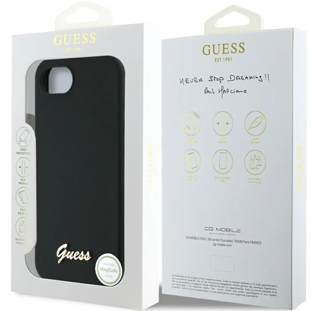 Handyhülle für iPhone 17e / 16e, Guess Hardcase Silicone Script Metal Logo mit MagSafe, Schwarz - Image 9