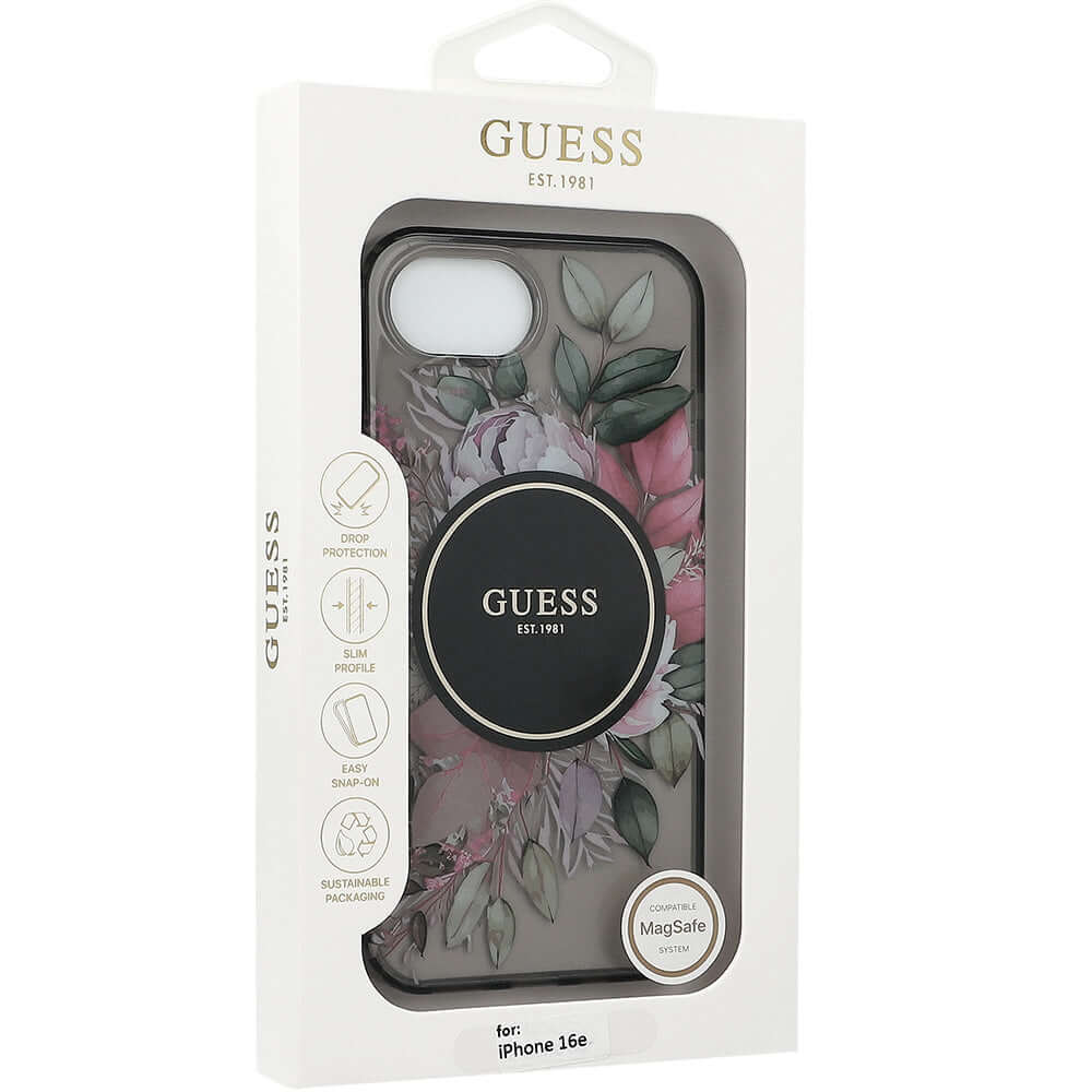Handyhülle für iPhone 17e / 16e, Guess IML Flowers MagSafe, Schwarz-Transparent - Image 2