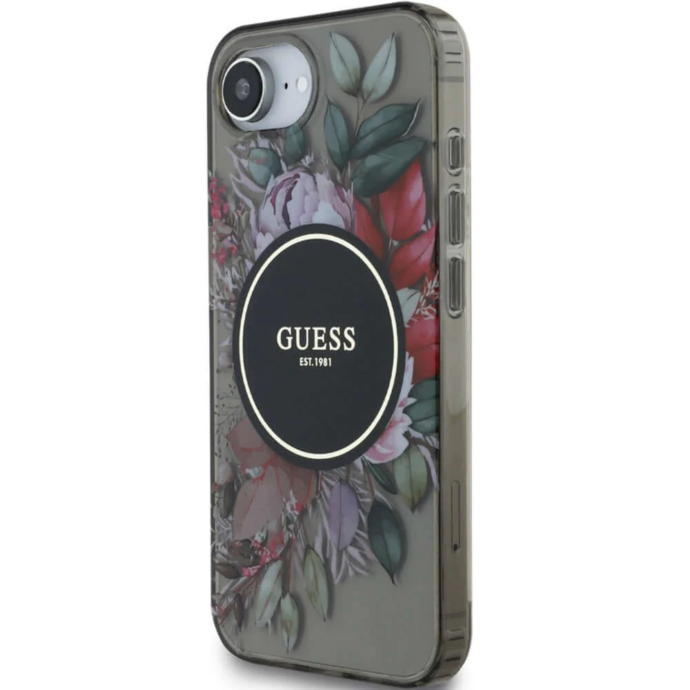 Handyhülle für iPhone 17e / 16e, Guess IML Flowers MagSafe, Schwarz-Transparent - Image 3