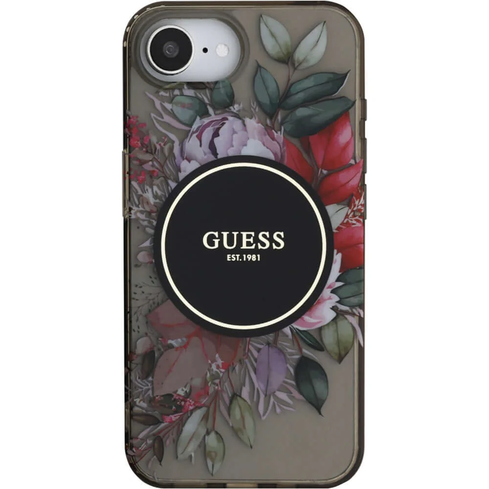 Handyhülle für iPhone 17e / 16e, Guess IML Flowers MagSafe, Schwarz-Transparent - Image 4