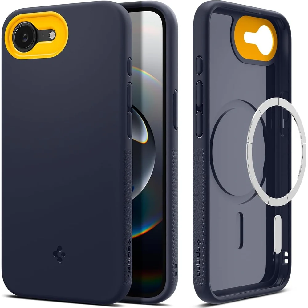 Handyhülle für iPhone 17e / 16e, Spigen Nano Pop Mag mit MagSafe, Dunkelblau und Gelb