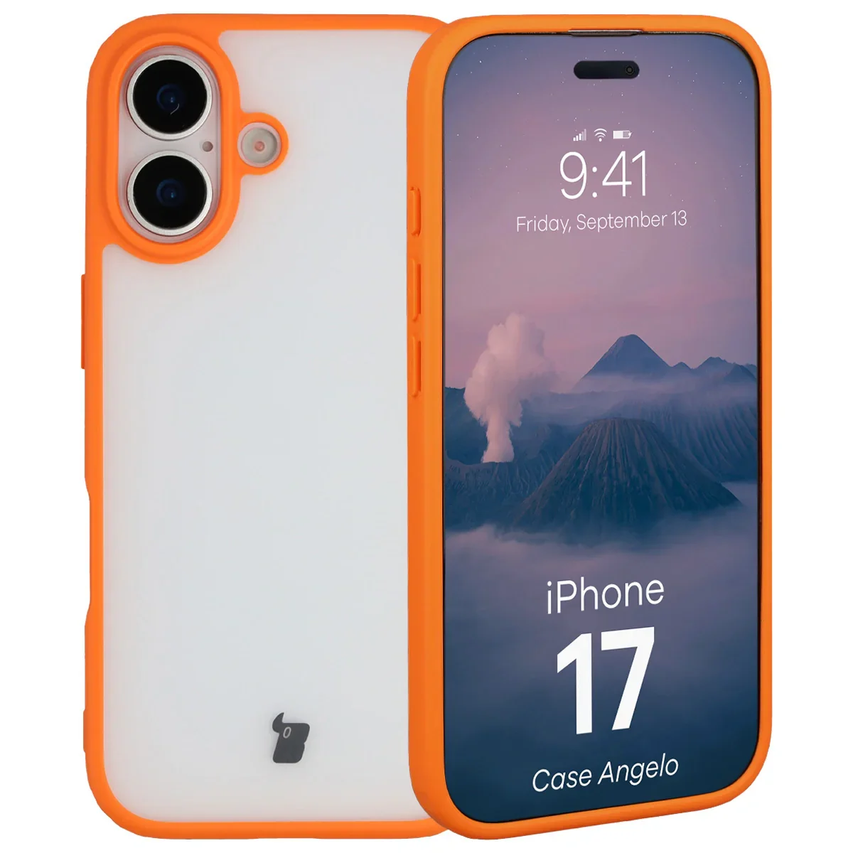 Handyhülle für iPhone 17, Bizon Case Angelo, Semitransparent mit orangefarbenem Rahmen