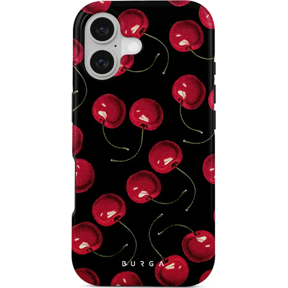 Handyhülle für iPhone 17, Burga Cherrybomb Tough Magnetic, Schwarz mit Kirschen