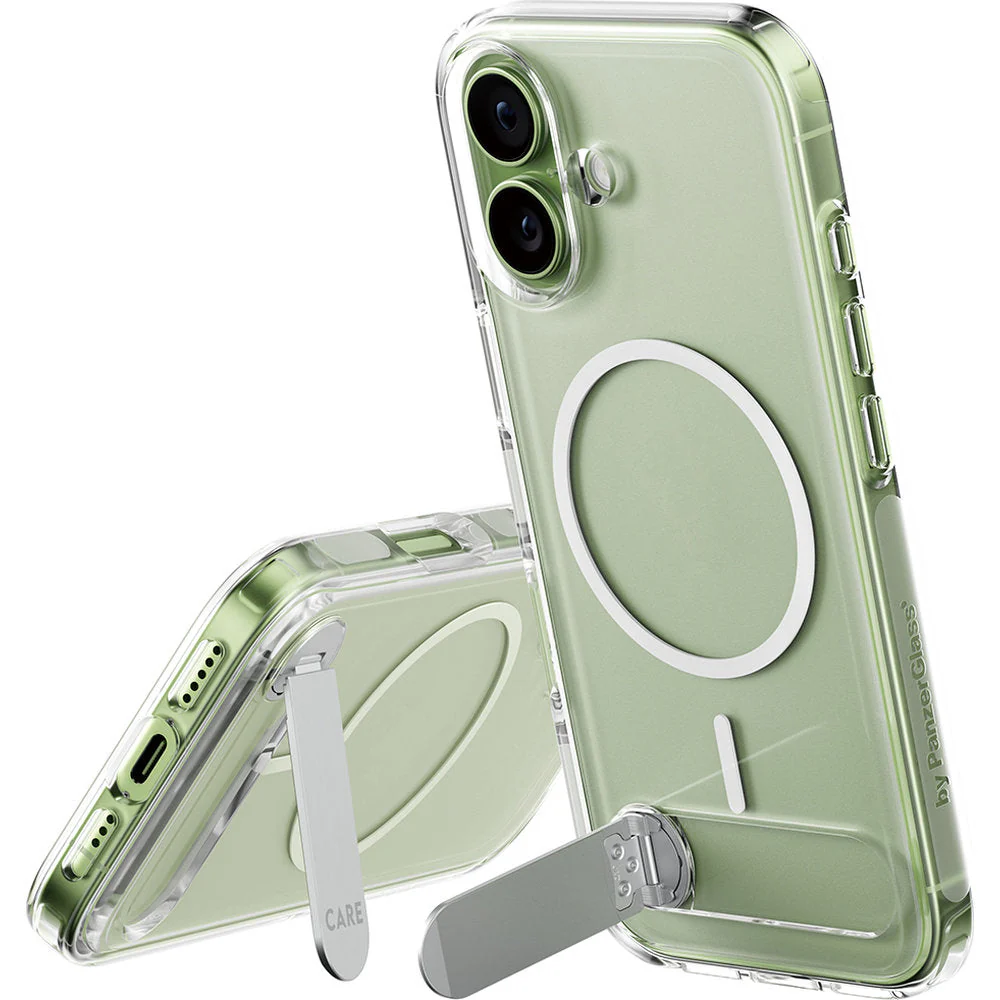 Handyhülle für iPhone 17, CARE by PanzerGlass Kickstand Case mit MagSafe, Transparent und Weiß