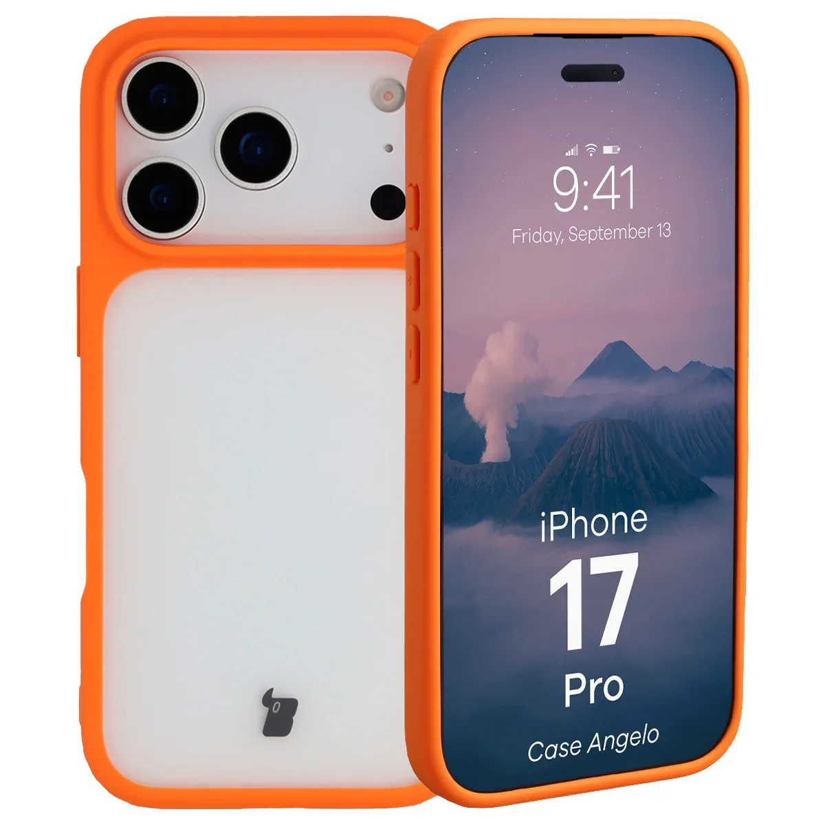 Handyhülle für iPhone 17 Pro, Bizon Case Angelo, Semitransparent mit orangefarbenem Rahmen