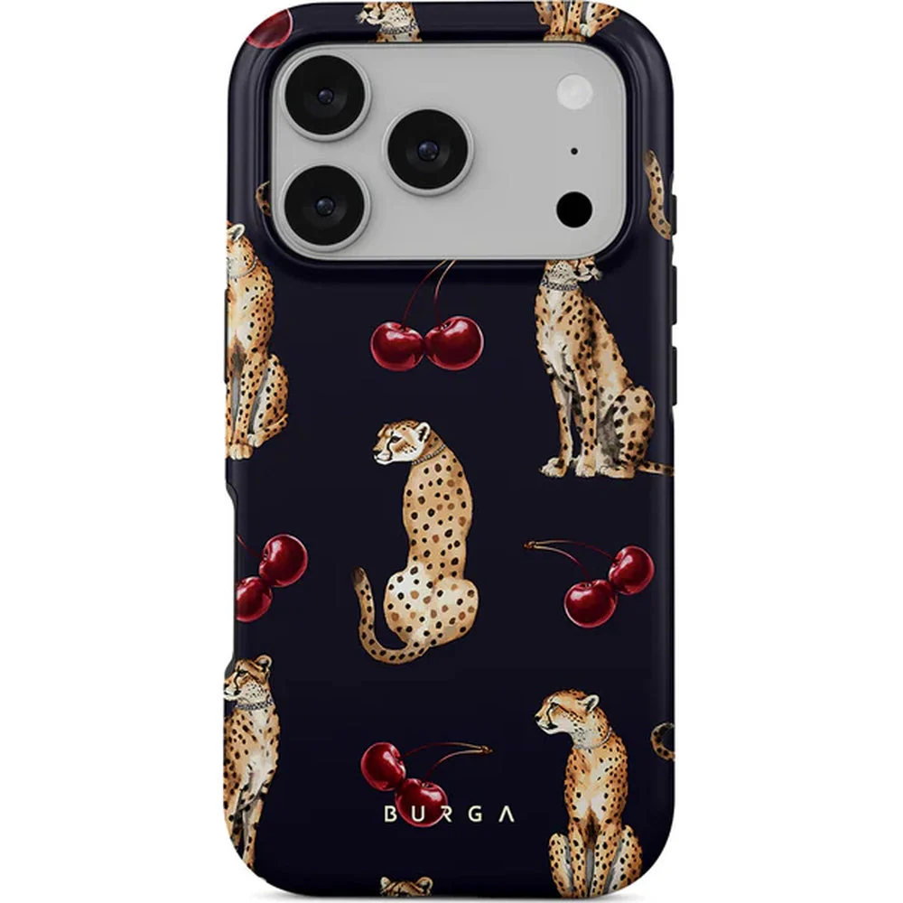 Handyhülle für iPhone 17 Pro, Burga Cougar Tough Magnetic, Dunkelblau mit Kirschen und Gepard