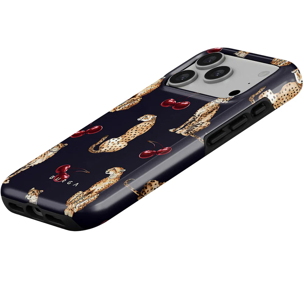 Handyhülle für iPhone 17 Pro, Burga Cougar Tough Magnetic, Dunkelblau mit Kirschen und Gepard - Image 3
