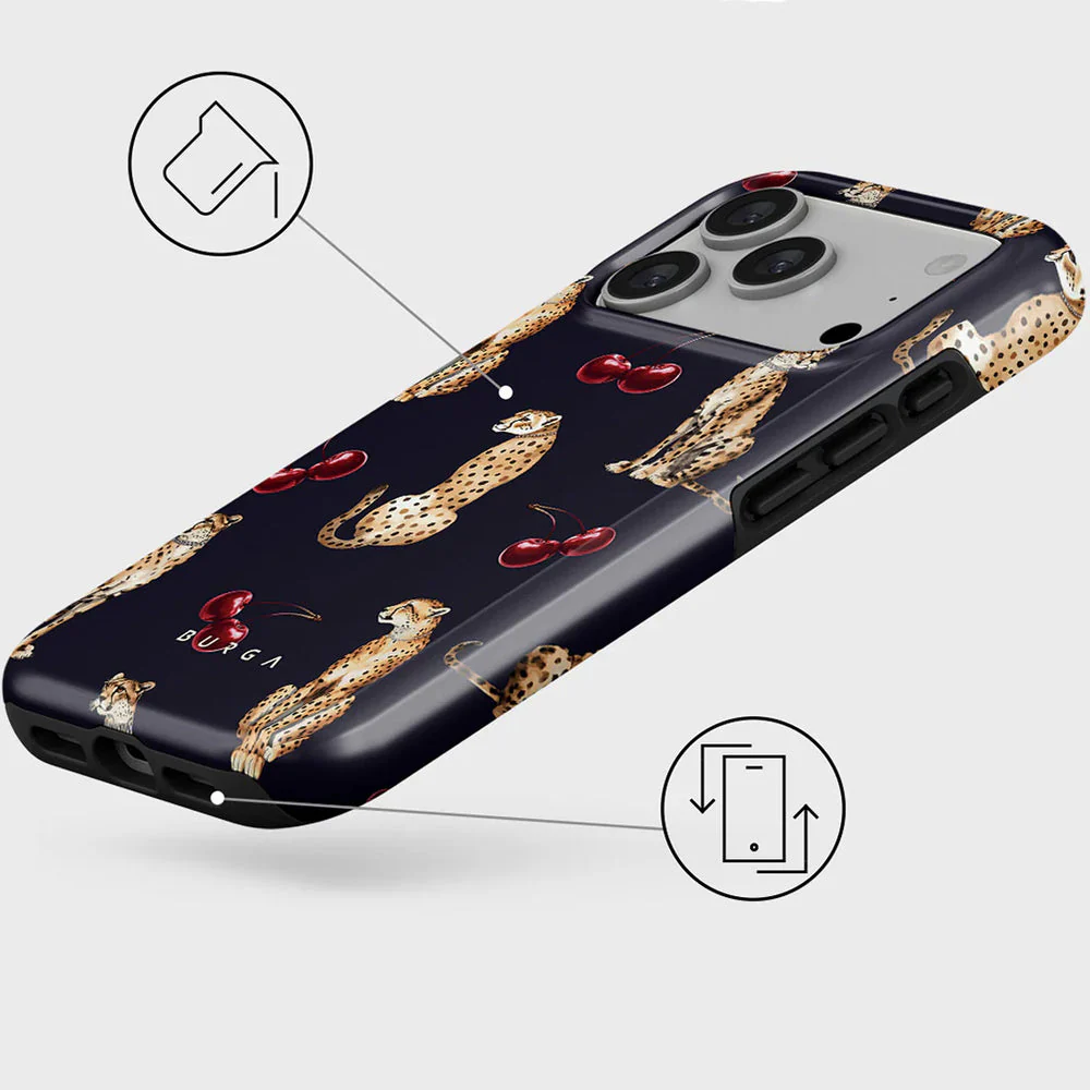 Handyhülle für iPhone 17 Pro, Burga Cougar Tough Magnetic, Dunkelblau mit Kirschen und Gepard - Image 5