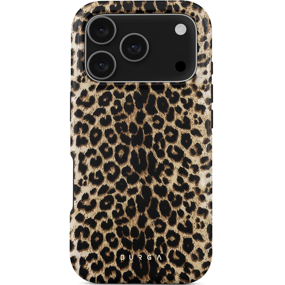 Handyhülle für iPhone 17 Pro, Burga Player Tough Magnetic, Braun mit Leopardenmuster