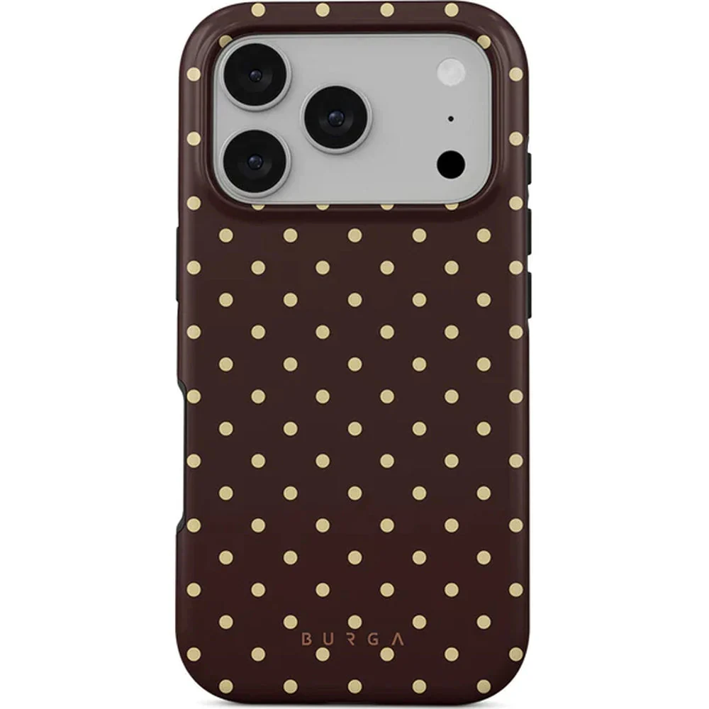 Handyhülle für iPhone 17 Pro, Burga Sorry Busy Tough Magnetic, Braun mit Punkten