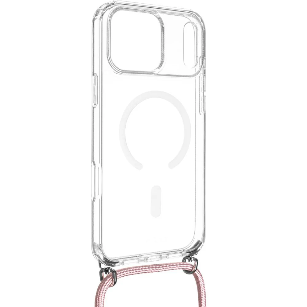 Handyhülle für iPhone 17 Pro, FIXED MagPure Neck mit MagSafe, Transparent mit Rosa Schlüsselband
