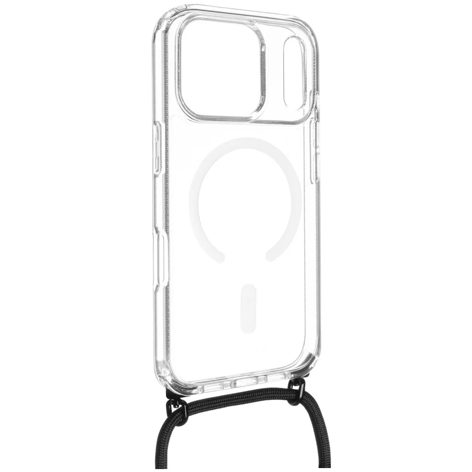 Handyhülle für iPhone 17 Pro, Fixed MagPure Neck mit MagSafe, Transparent mit Schwarzen Schlüsselband