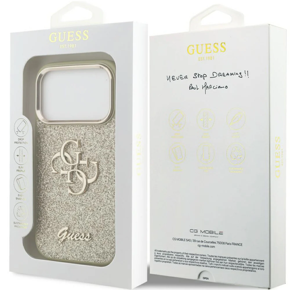 Handyhülle für iPhone 17 Pro, Guess Fixed Glitter Big 4G Metal Frame, Gold-Glitter - Image 2