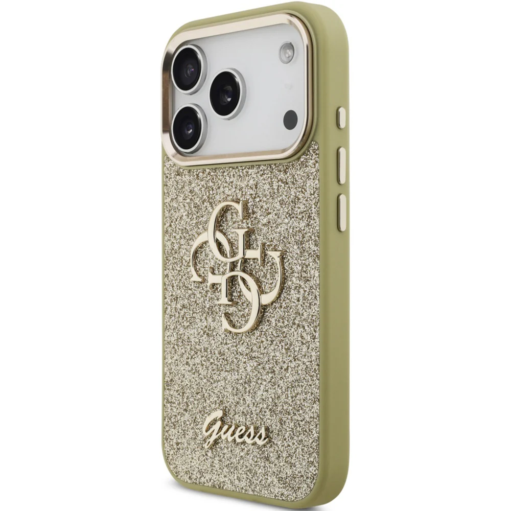 Handyhülle für iPhone 17 Pro, Guess Fixed Glitter Big 4G Metal Frame, Gold-Glitter - Image 3