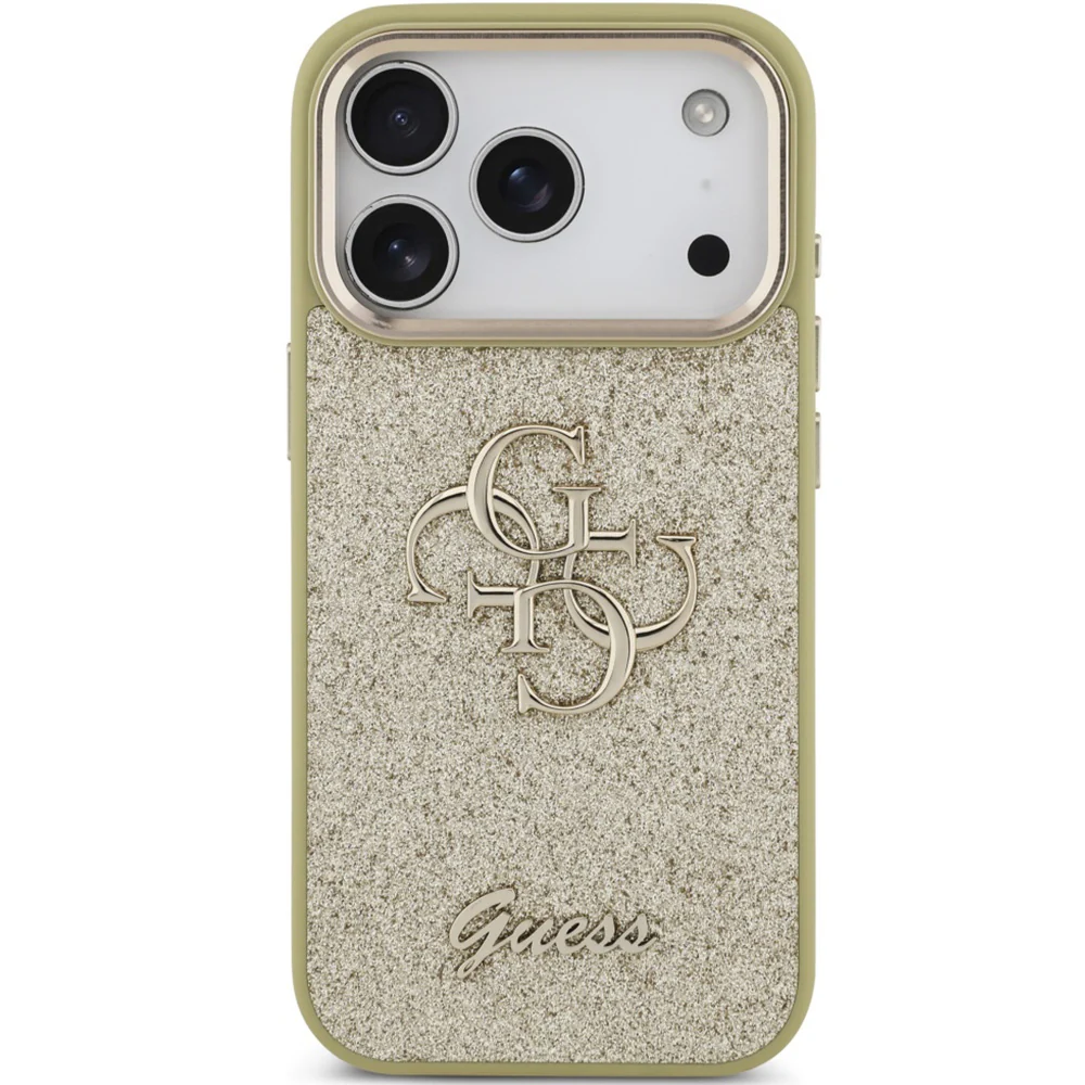 Handyhülle für iPhone 17 Pro, Guess Fixed Glitter Big 4G Metal Frame, Gold-Glitter - Image 4