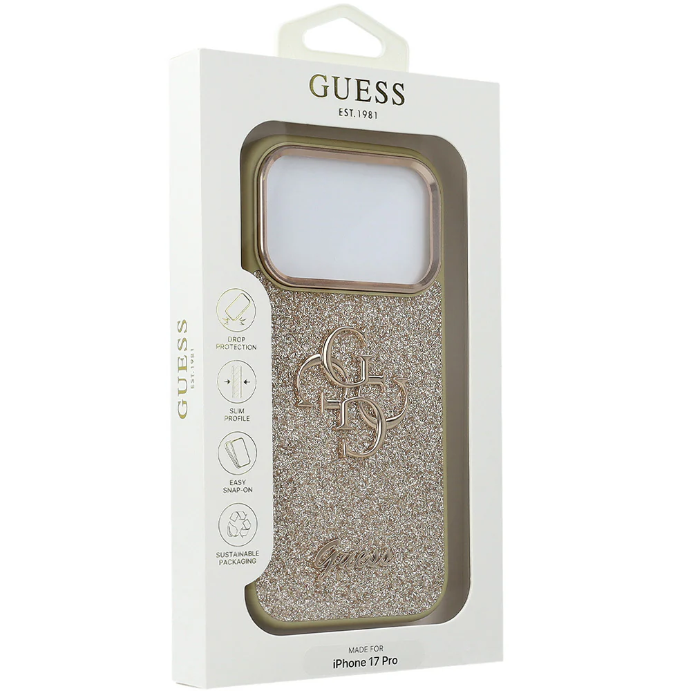 Handyhülle für iPhone 17 Pro, Guess Fixed Glitter Big 4G Metal Frame, Gold-Glitter - Image 9