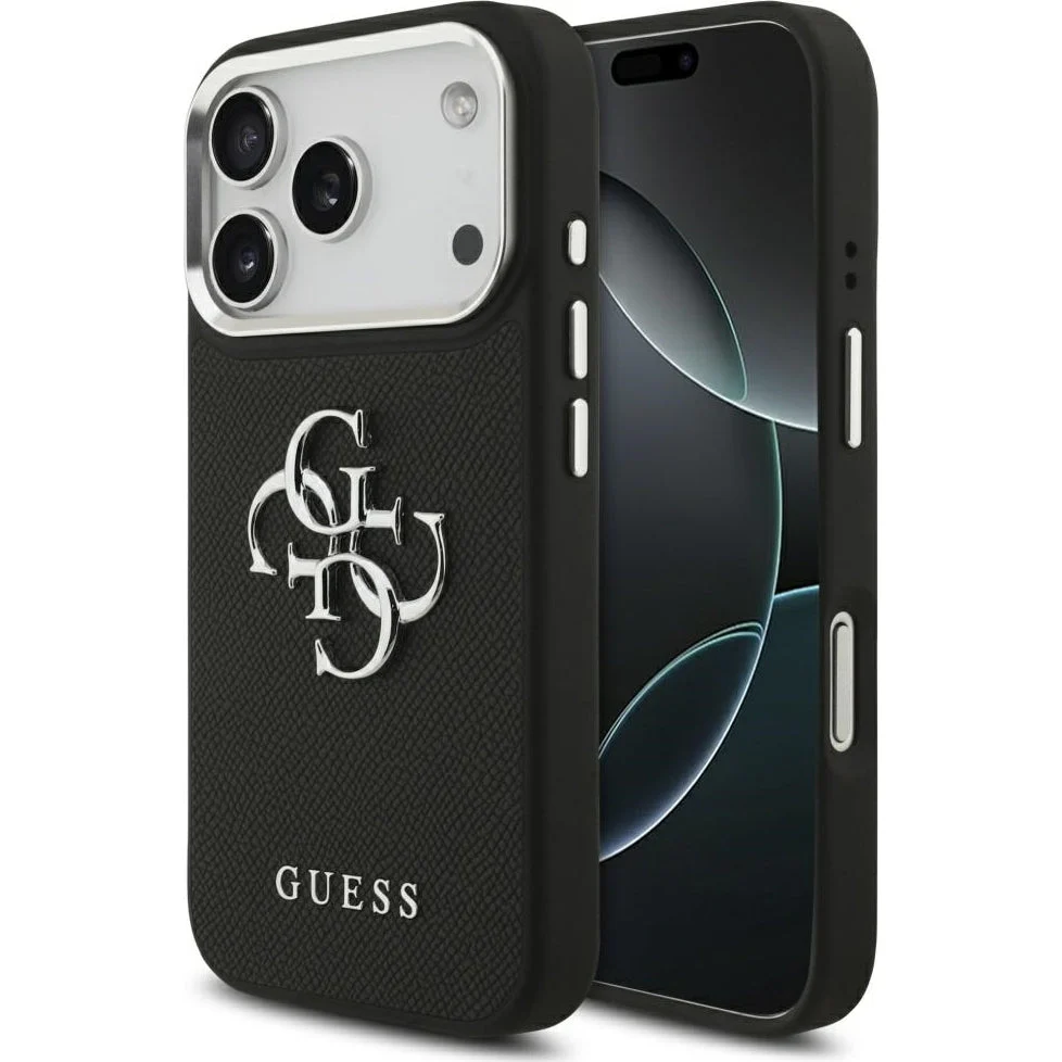 Handyhülle für iPhone 17 Pro, Guess Grained Big 4G Small Classic Logo, Schwarz