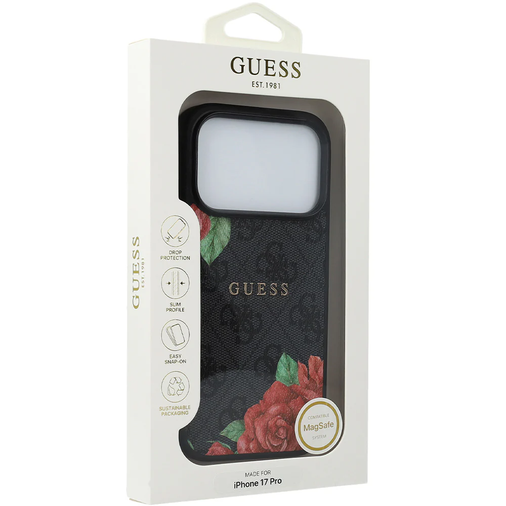 Handyhülle für iPhone 17 Pro, Guess Hardcase 4G Flowers Print mit MagSafe, Schwarz mit floralem Muster - Image 9
