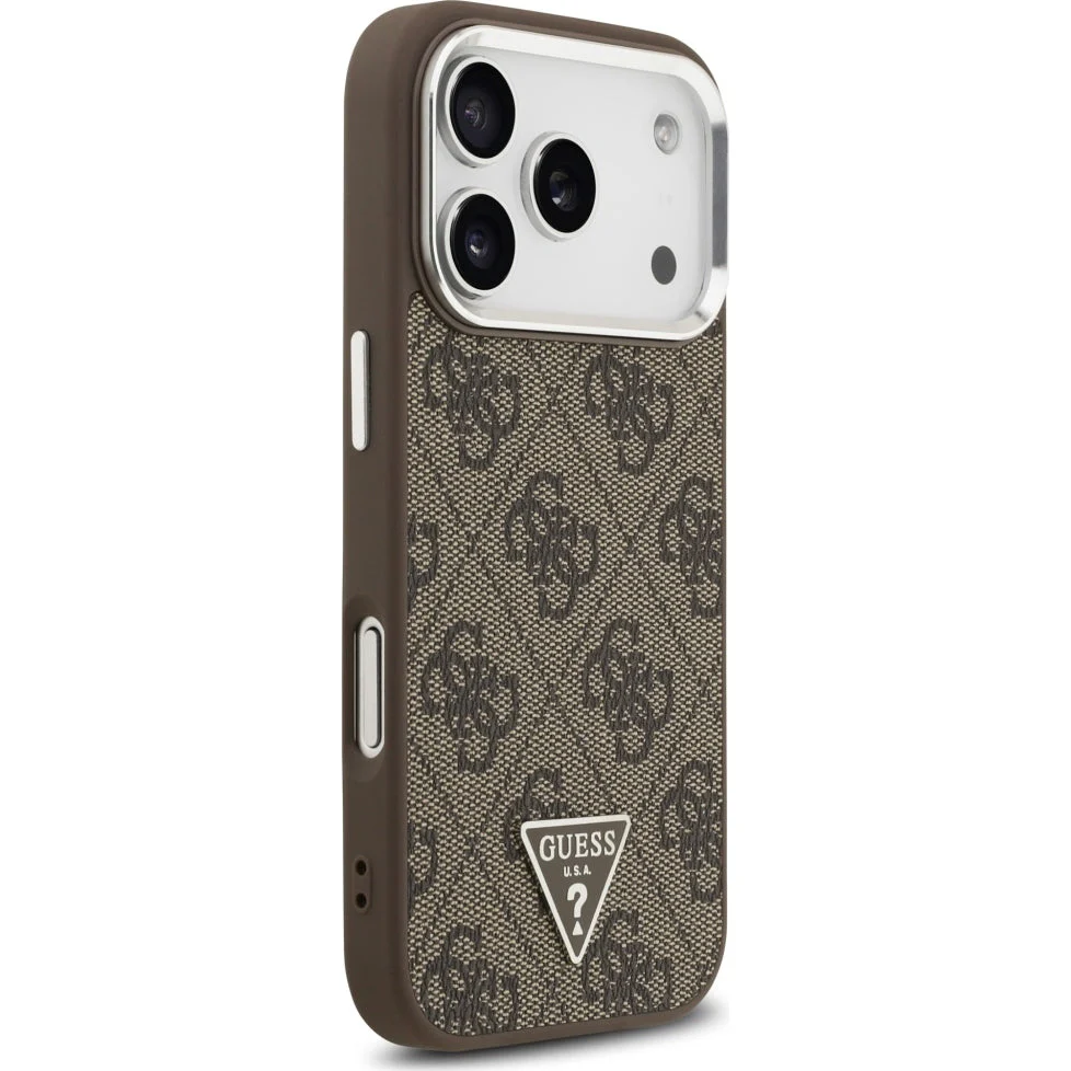 Handyhülle für iPhone 17 Pro, Guess HardCase Leather 4G Triangle Strass, Braun - Image 4